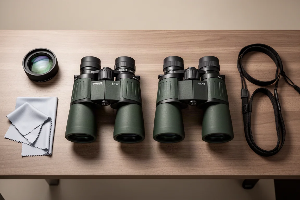 Two pairs of binoculars displayed side by side on a desk for comparison