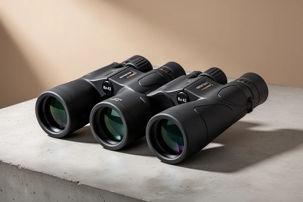 Due paia di binocoli 8x42 neri con rivestimento in gomma affiancati su cemento