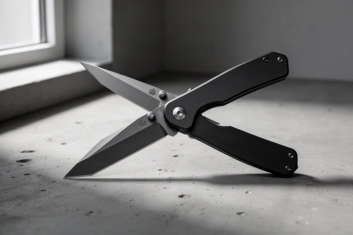 Vosteed Ankylo folding knife partially open on a concrete surface