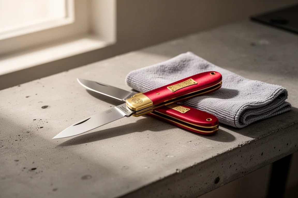 Cuchillo plegable esbelto con mango rojo satinado e incrustaciones de latón sobre un escritorio de hormigón