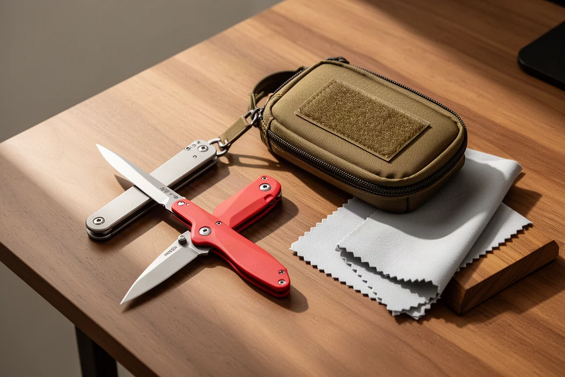 Composición EDC con cuchillo plegable, parche y pequeños artículos sobre madera