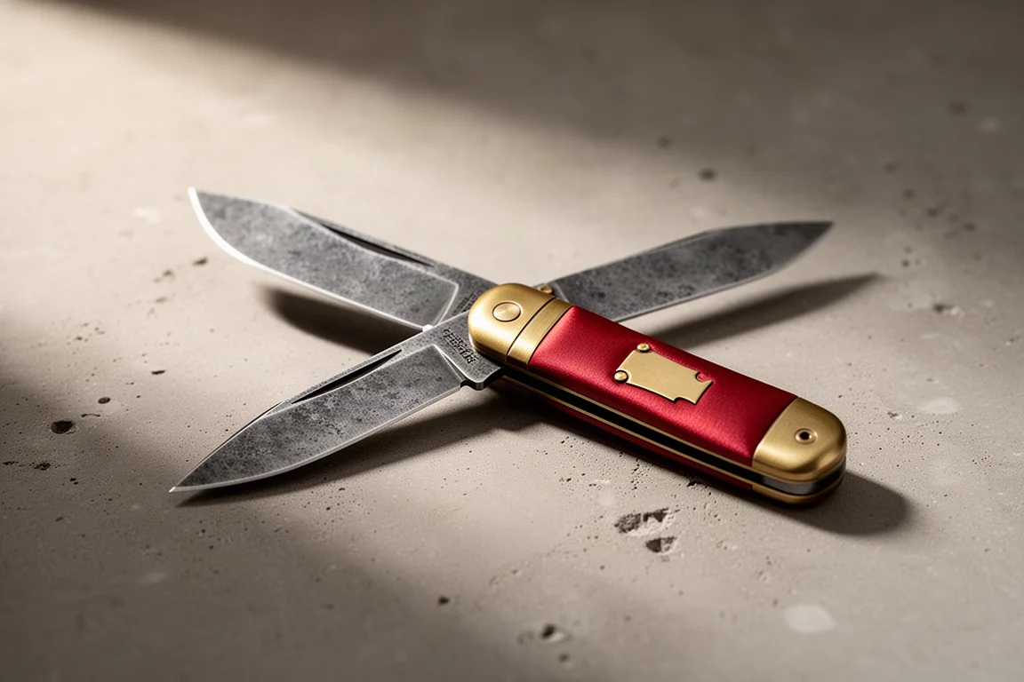 Vosteed Corgi folding knife with red satin handle and brass inlays on concrete
