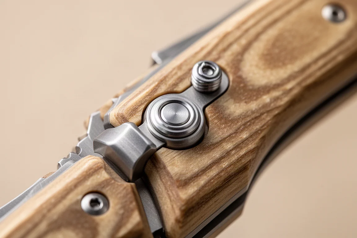 Nahaufnahme des Button-Lock-Mechanismus am Griff eines Klappmessers