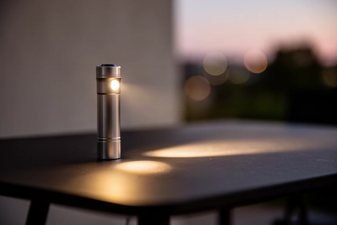 Kompakte schwarze Taschenlampe wirft einen warmen Lichtkegel über einen dunklen Tisch