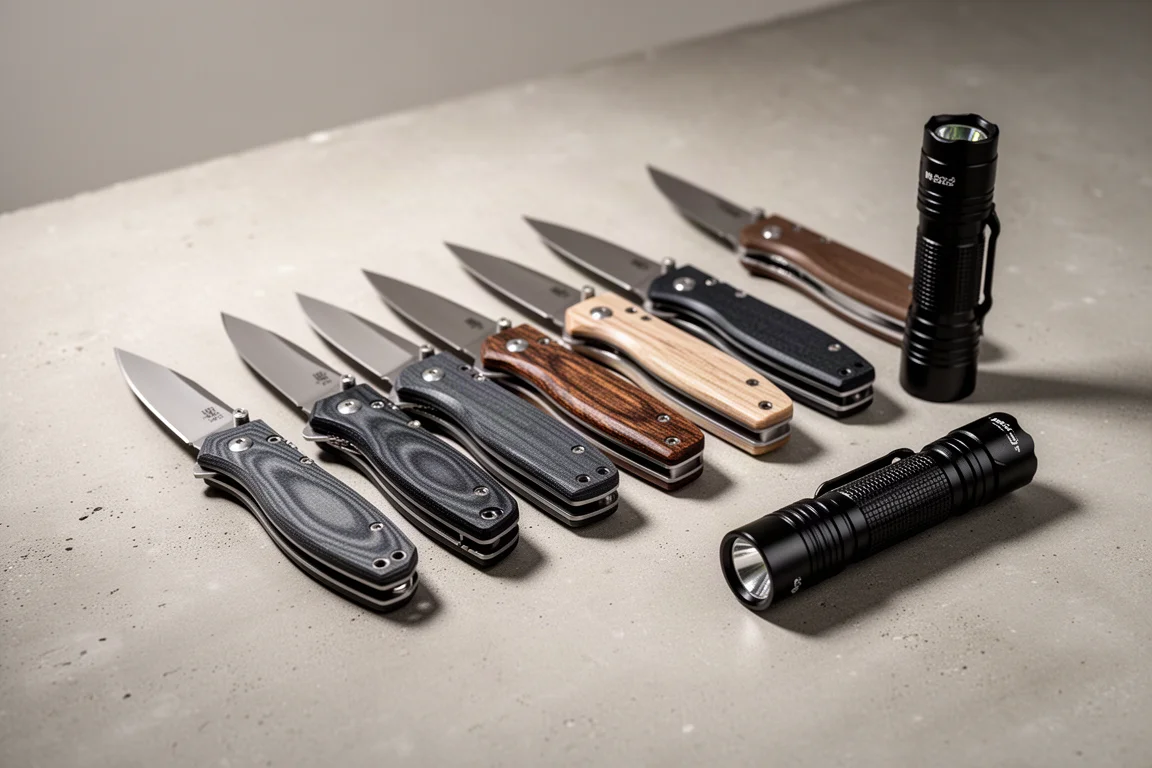 A row of folding pocket knives and a compact flashlight on a concrete surface