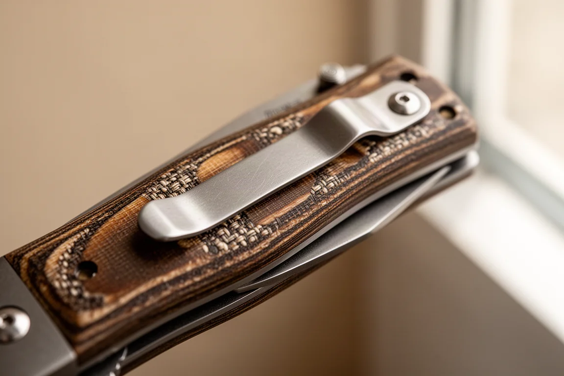 Micarta-Griff eines Klappmessers mit Deep-Carry-Taschenclip bündig am Griff