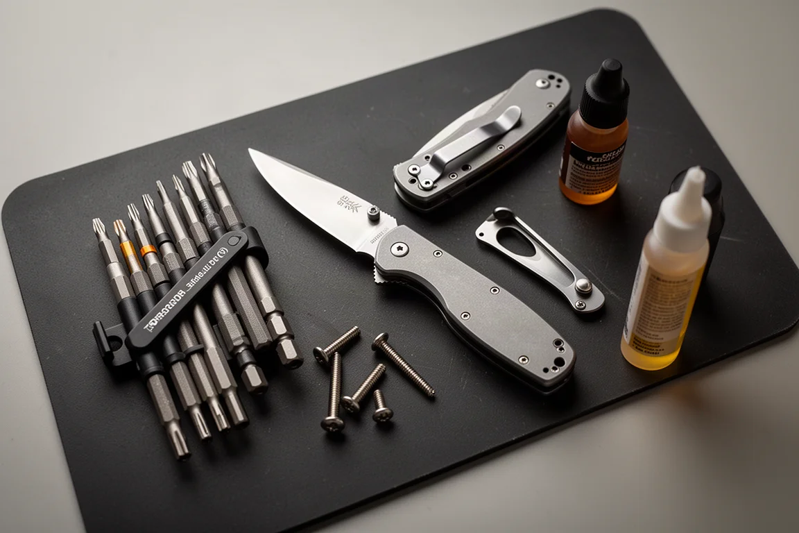 Demontiertes Klappmesser mit Torx-Schrauben und Taschenclip auf einer Arbeitsmatte