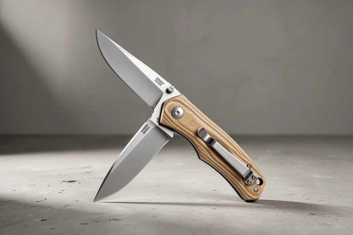 Vosteed Raccoon folding knife open on a matte concrete surface showing Micarta handle