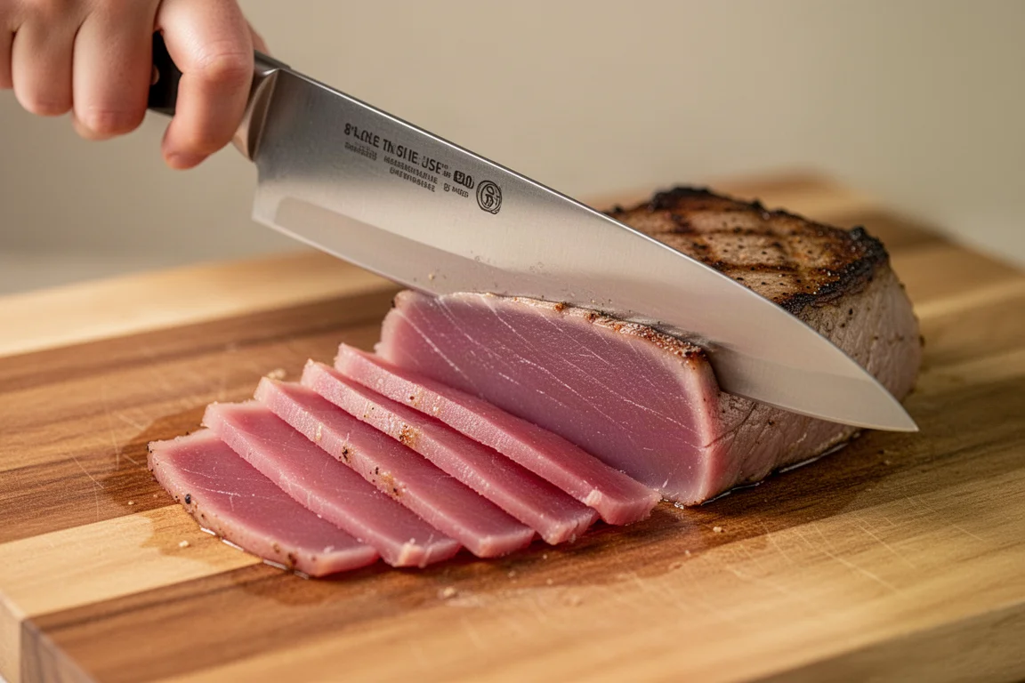 Cuchillo de chef cortando un filete de atún cocido sobre una tabla de cortar