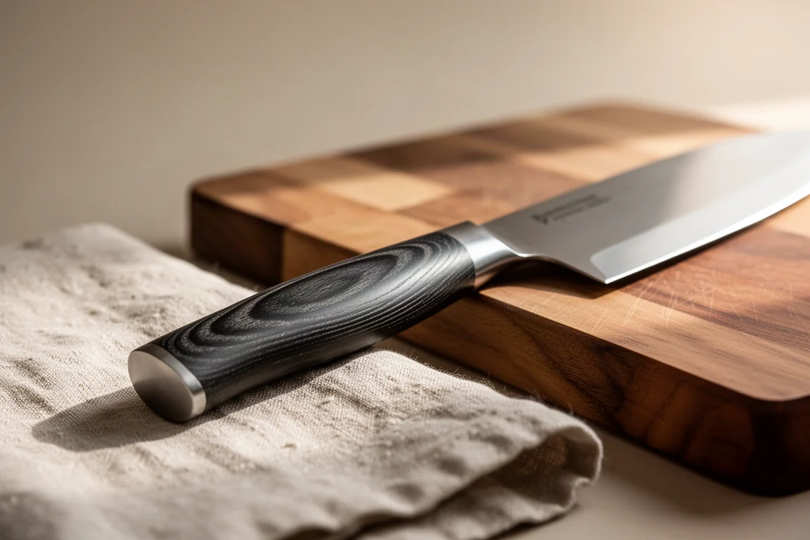 Detalle del mango del cuchillo mostrando un lomo suave para la palma y un agarre ergonómico
