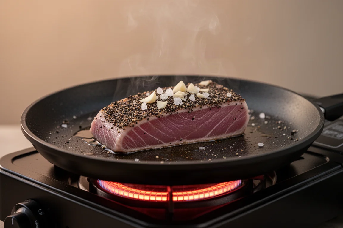 Filete de atún sellándose en un quemador infrarrojo de parrilla con el condimento visible