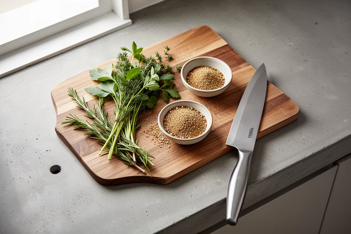 Escena de preparación en la cocina con tabla de cortar, hierbas y un cuchillo de chef reposando cerca
