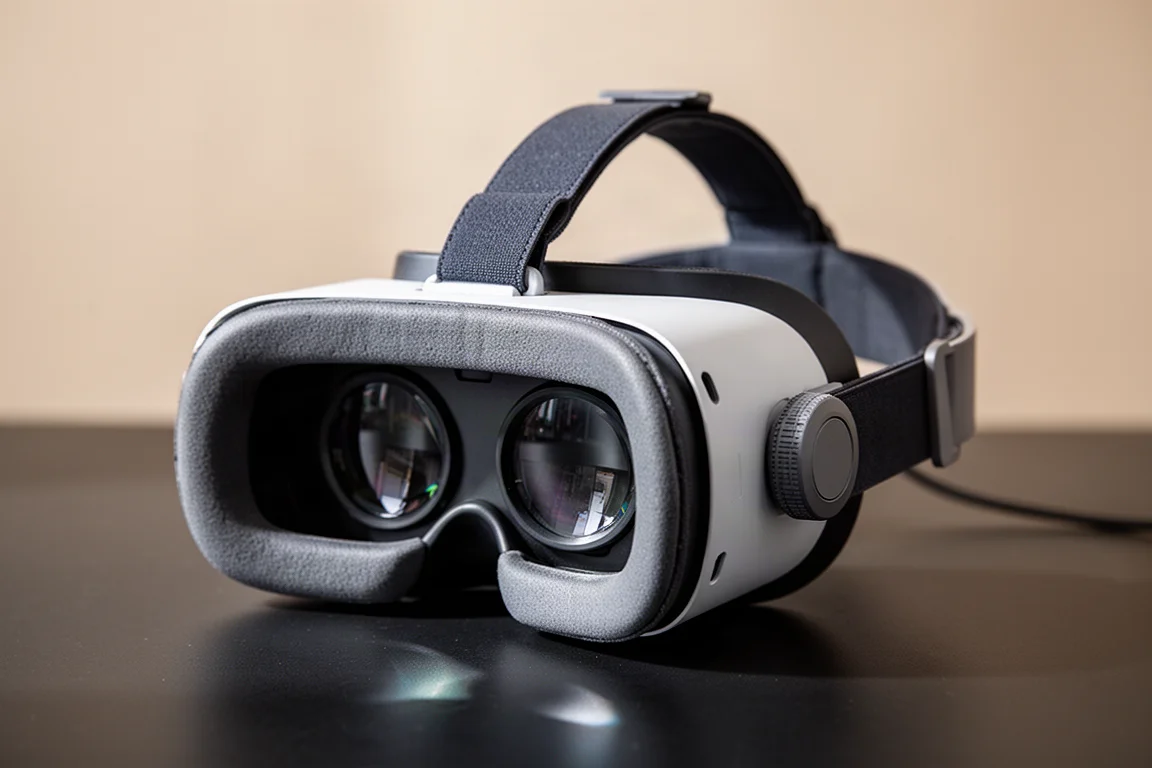 테이블 위에 조절 가능한 헤드 스트랩이 있는 VR 헤드셋 클로즈업