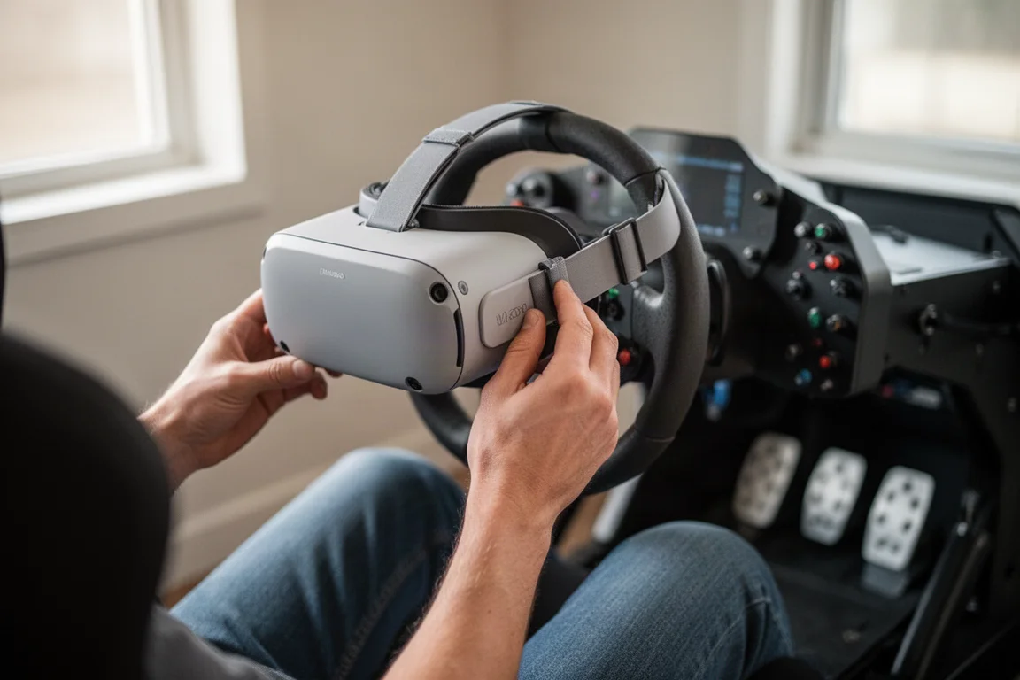 시뮬레이션 레이싱 시트에서 VR 헤드셋 스트랩을 조정하는 손