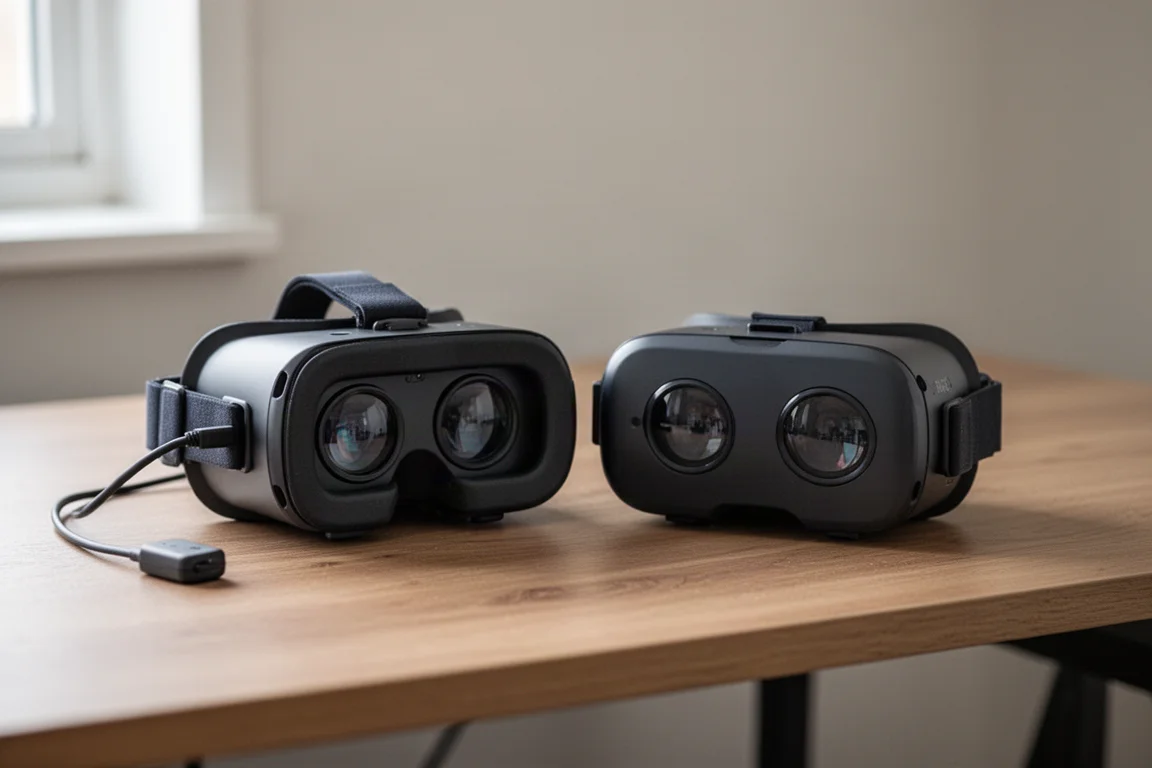 케이블이 있는 책상 위에 나란히 놓인 두 개의 VR 헤드셋