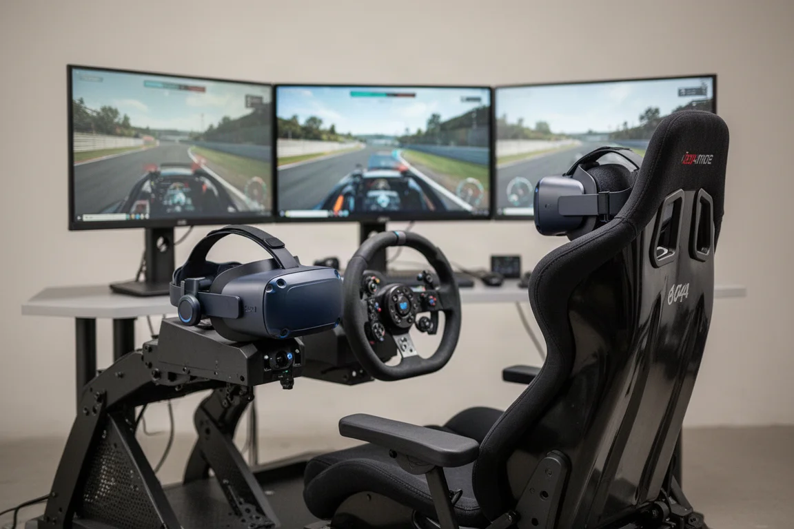 Sim-Racing-Cockpit mit Triple-Monitoren und einem VR-Headset auf dem Sitz