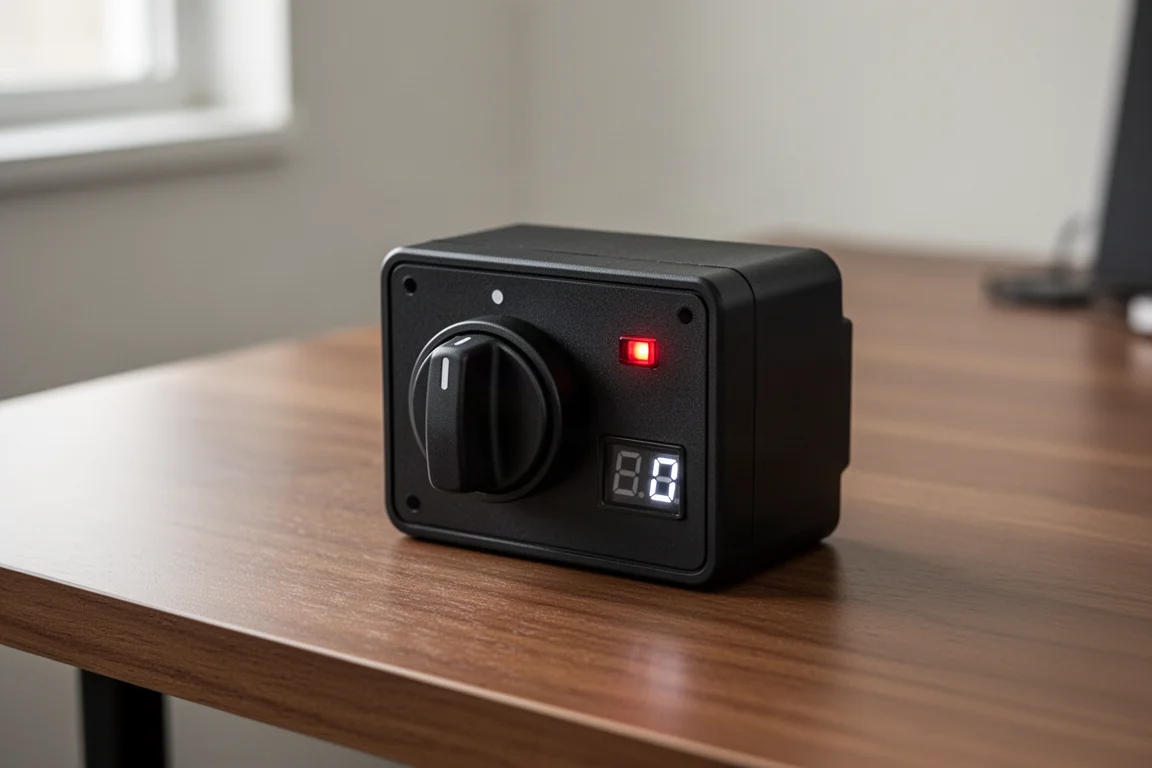 Schalttafel eines Batterie-Trennschalters mit beleuchteter LED-Spannungsanzeige auf einem Schreibtisch