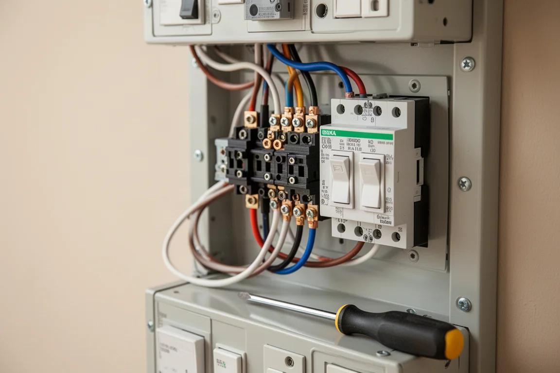 Hände vereinfachen die Verkabelungsverbindungen hinter einer Elektrotafel