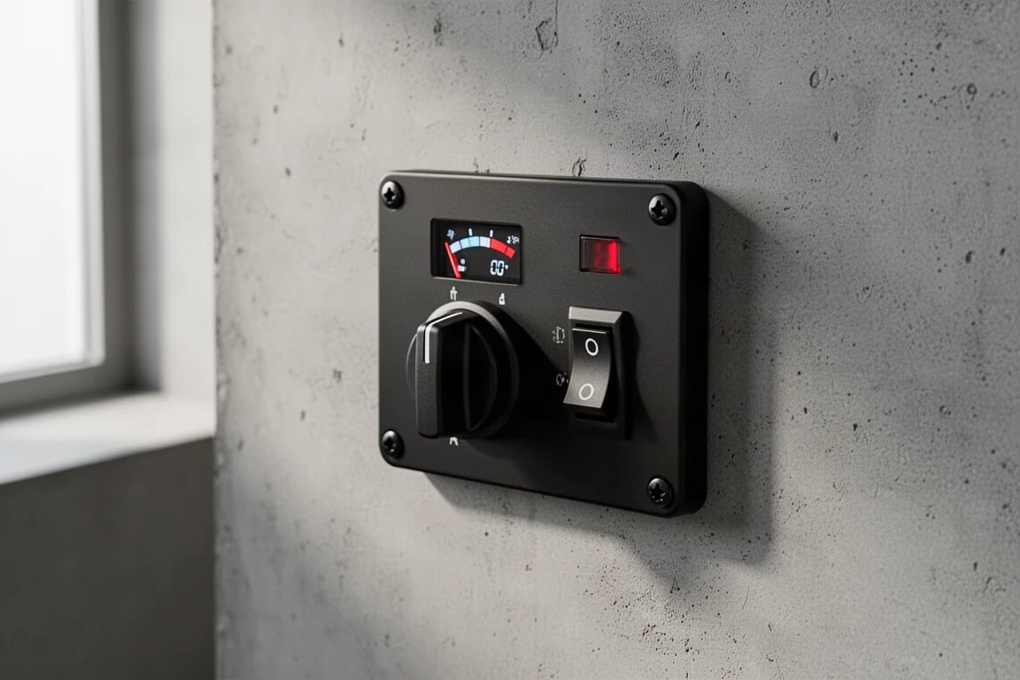 Black battery cutoff switch panel with rotary knob and LED voltage display on concrete