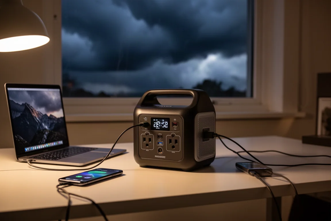 Portable power station on a table charging a laptop during a storm at dusk