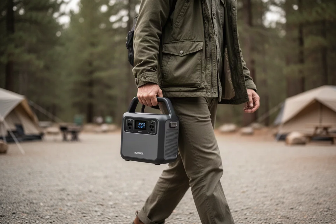 Person carrying a compact power station with one hand outdoors