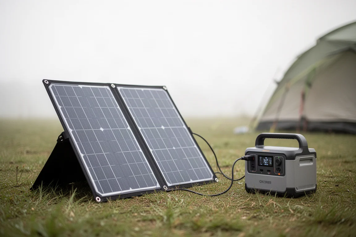 Folding solar panel connected to a portable power station outdoors