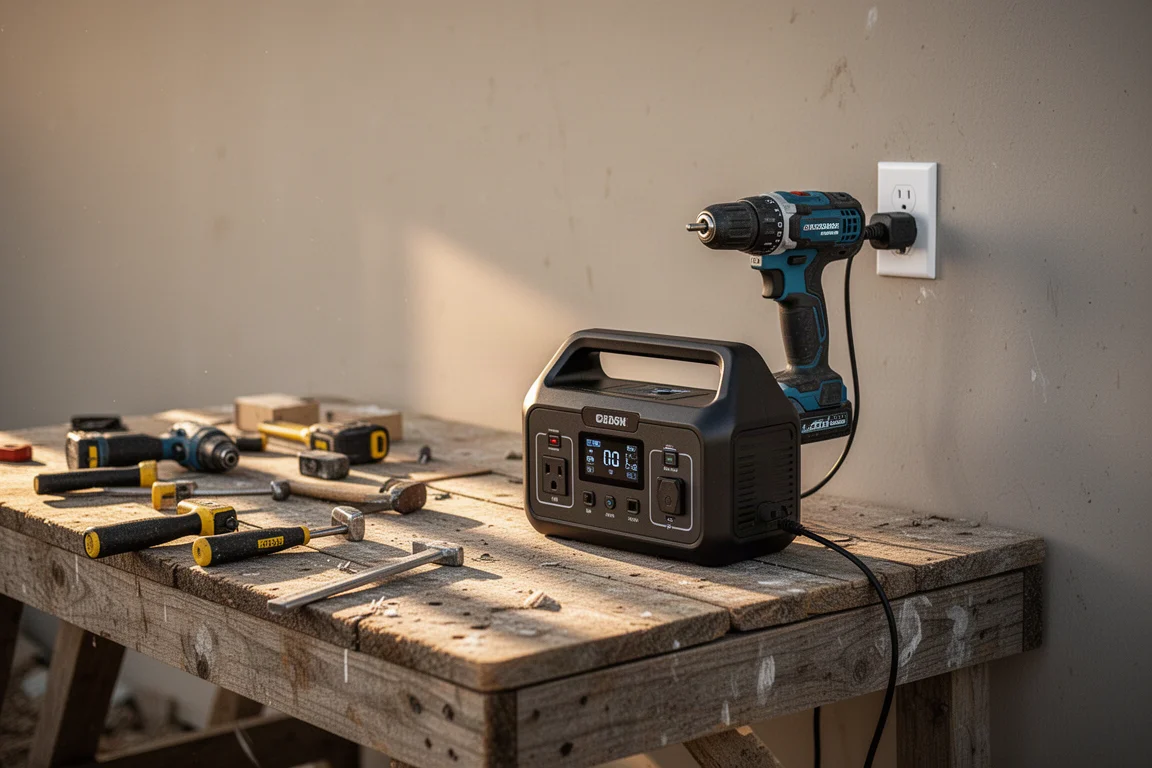 Cordless drill plugged into a power station on a remote work site