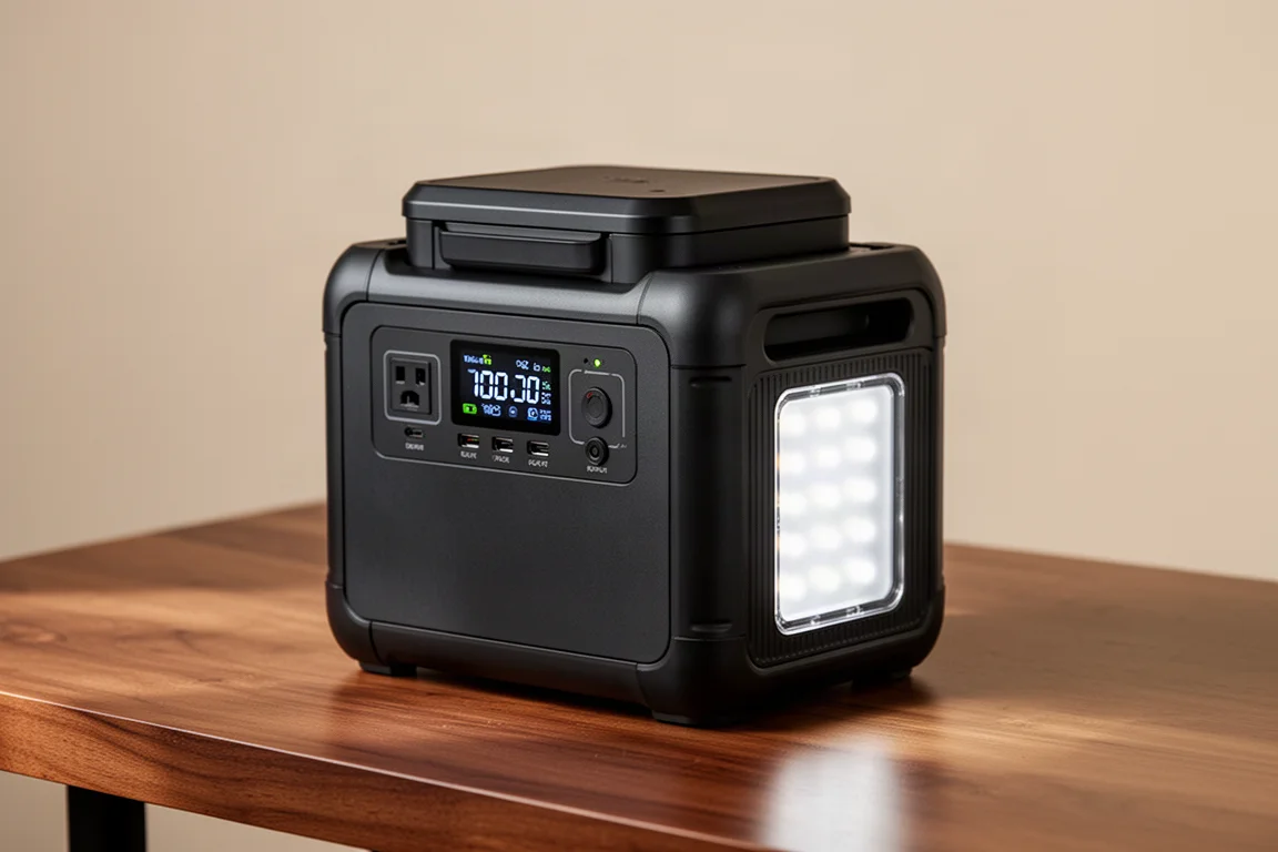 Compact matte black portable power station on a brushed wood surface