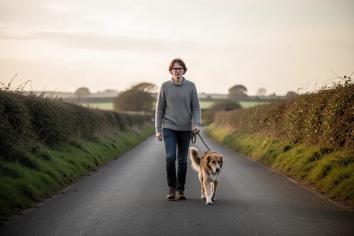Eine Person geht mit offenem Ohr einen ruhigen Landweg mit Hund spazieren
