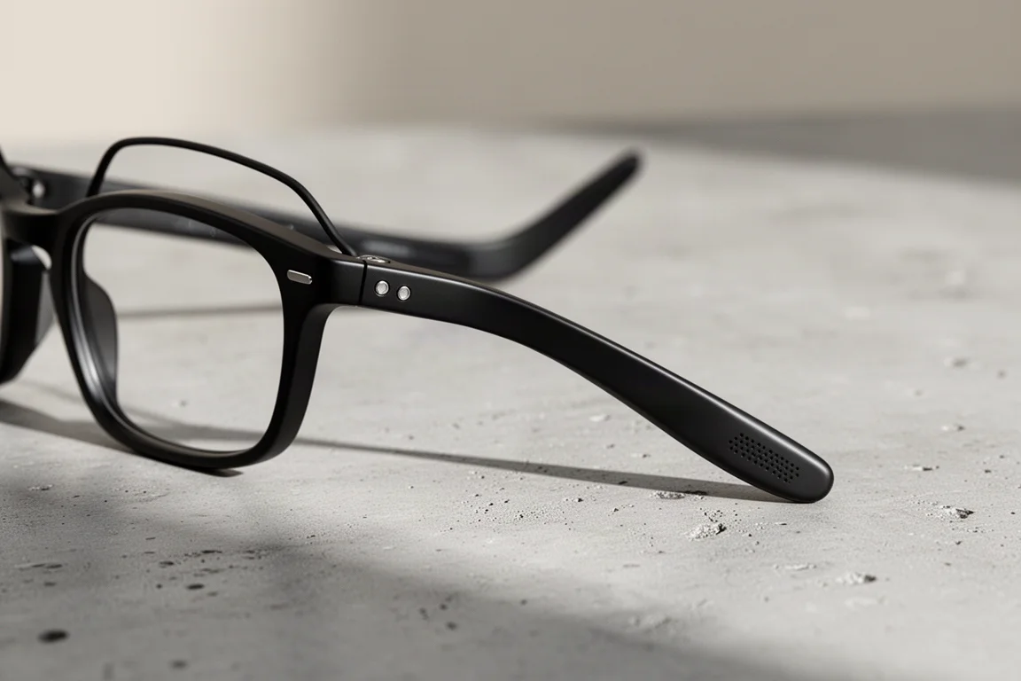 Nahaufnahme des Bügels einer Audio-Brille mit sichtbaren Ladekontakten