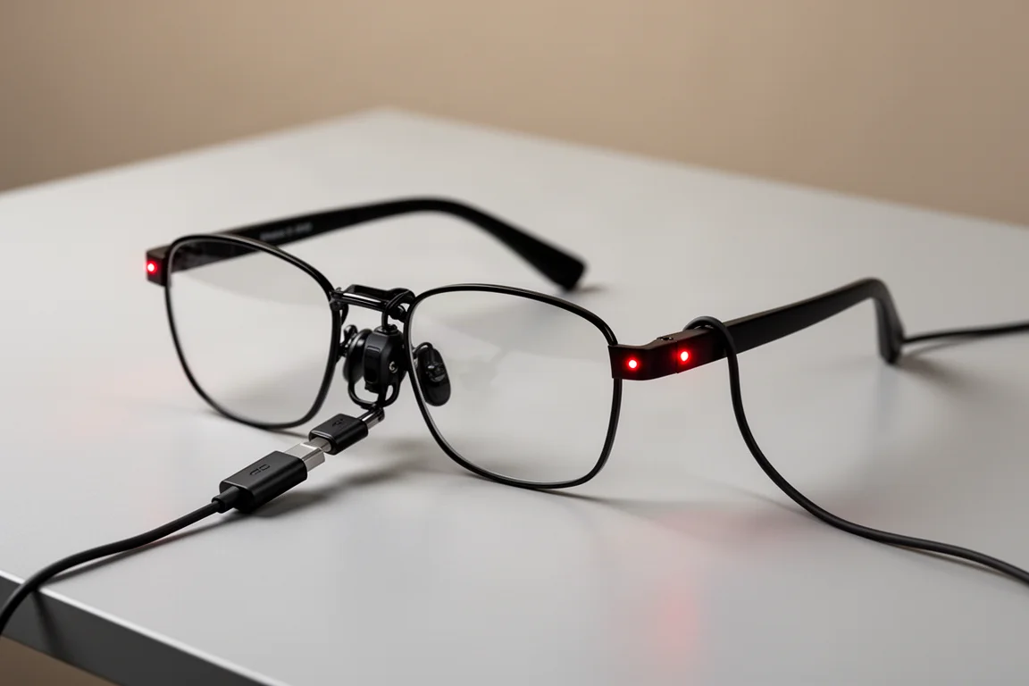 Brille mit magnetischem Ladekabel verbunden, Kontrollleuchten leuchten