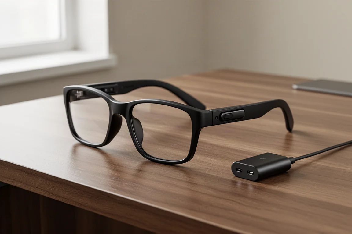 Occhiali smart neri con cavo di ricarica su una scrivania in legno