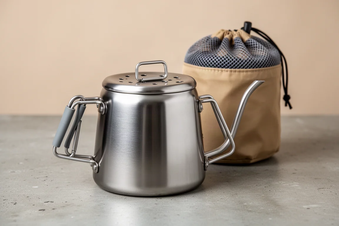 Titanium camping kettle with folding handles and vented lid on a concrete surface
