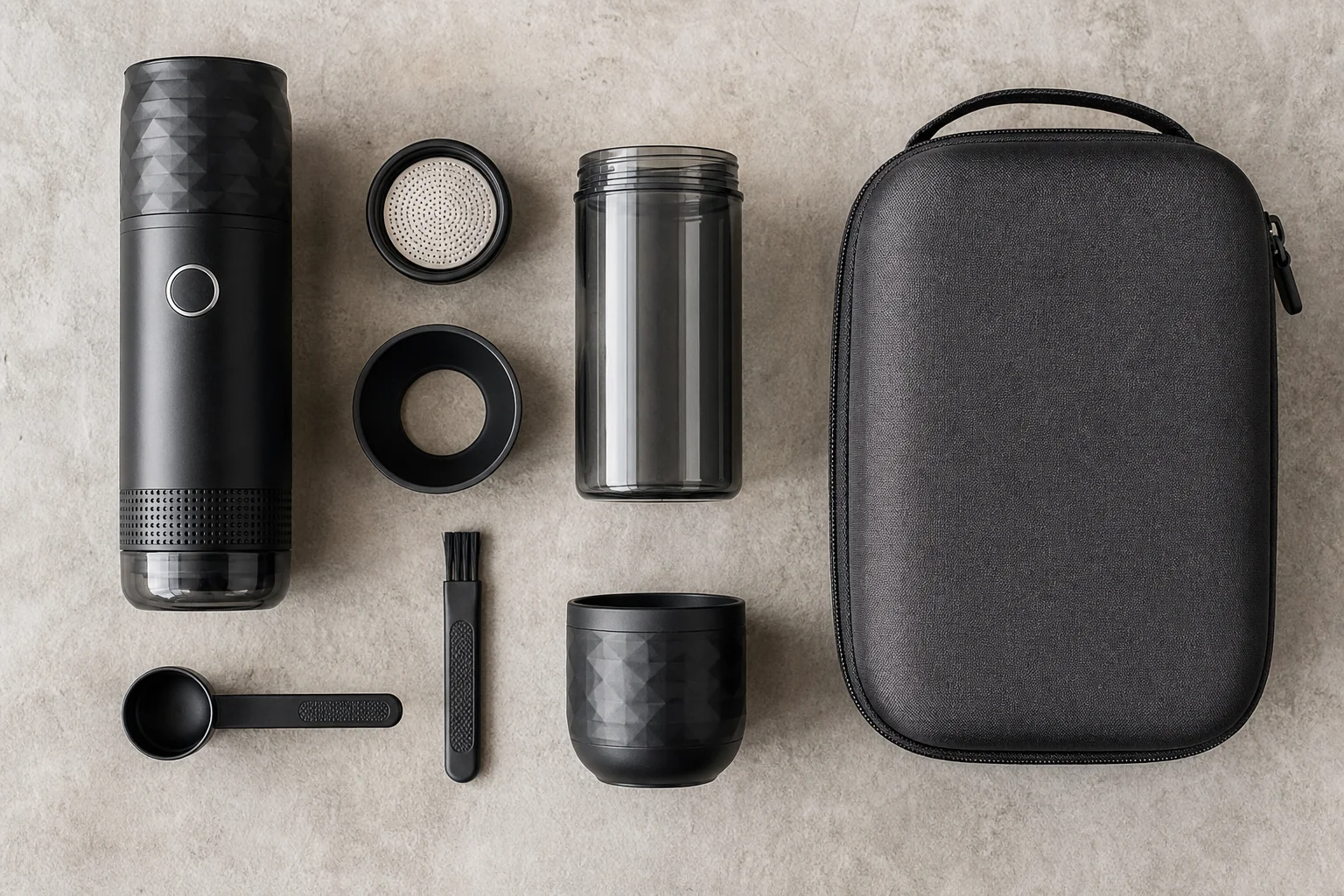 Portable espresso maker with accessories laid out on flat surface