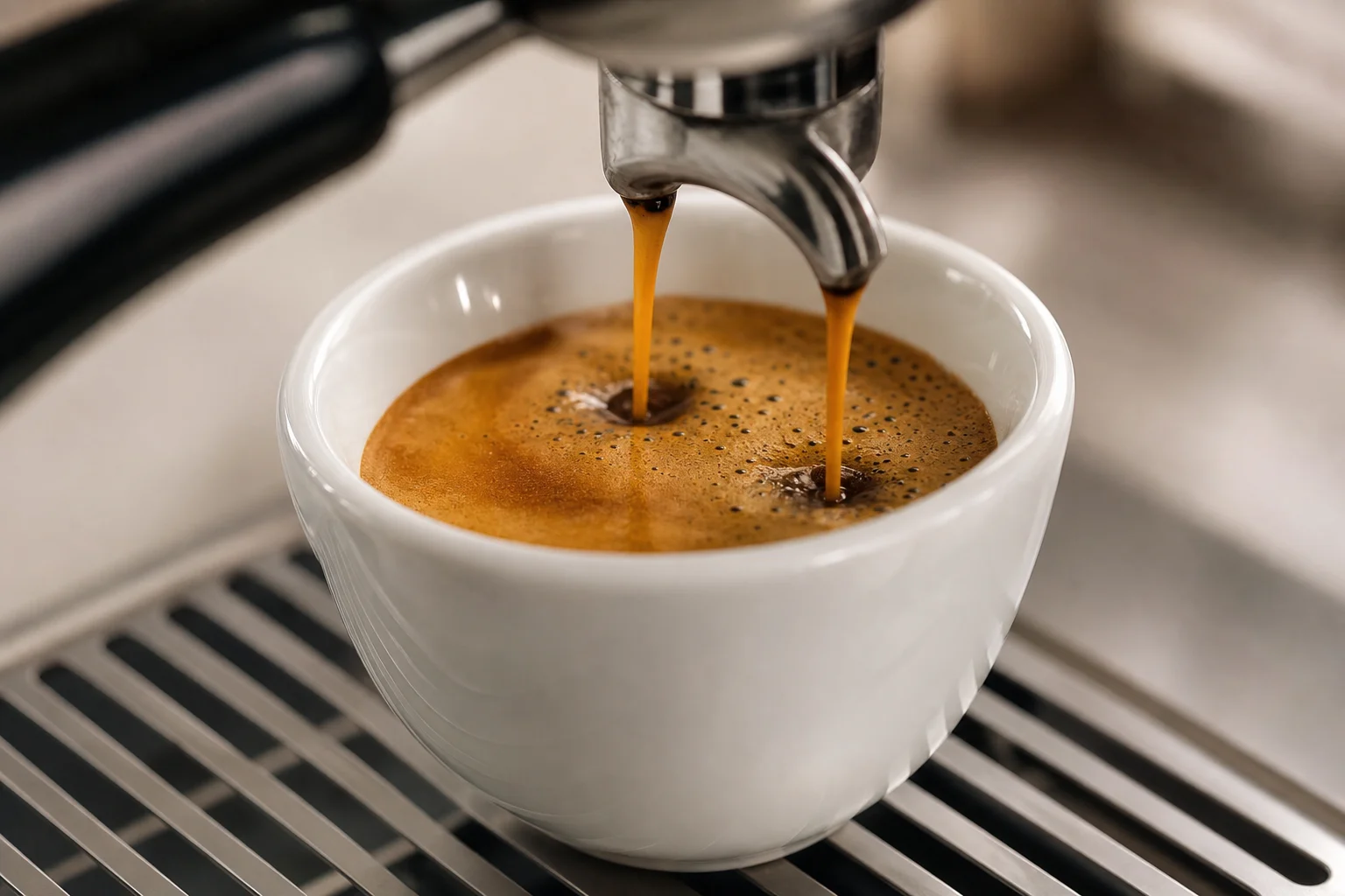 Close-up of espresso extraction showing crema and rich brown liquid