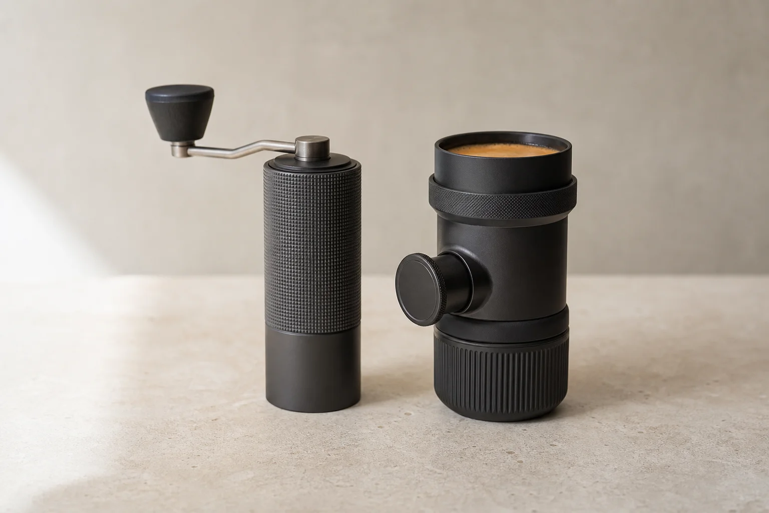 Hand grinder next to portable espresso maker on travel surface