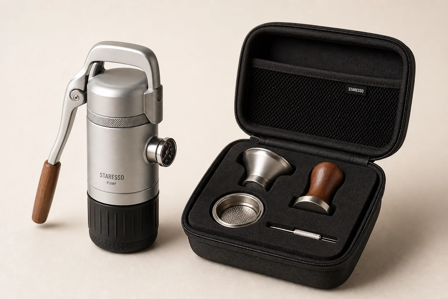 Four portable espresso makers arranged on concrete surface