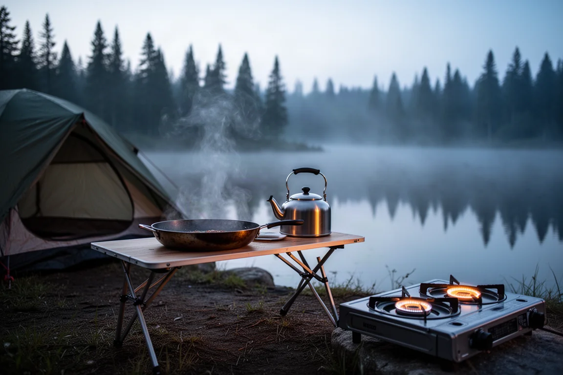 Bivouac de groupe au crépuscule avec une grande marmite fumante posée sur une surface de cuisson en pierre plate