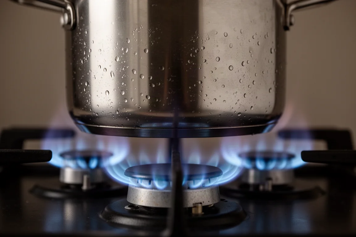 Gros plan sur trois couronnes de flammes bleues sous une bouilloire en acier inoxydable