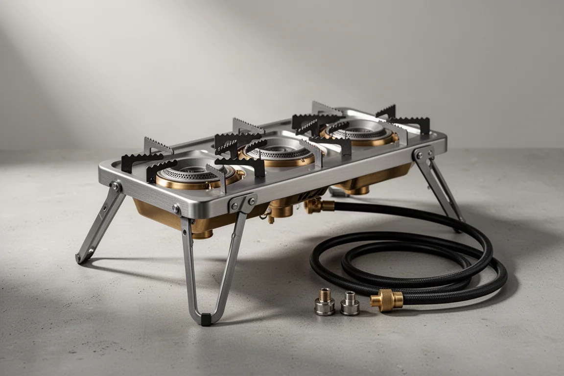 Three-burner camping stove with brass fittings and fuel hose on concrete surface