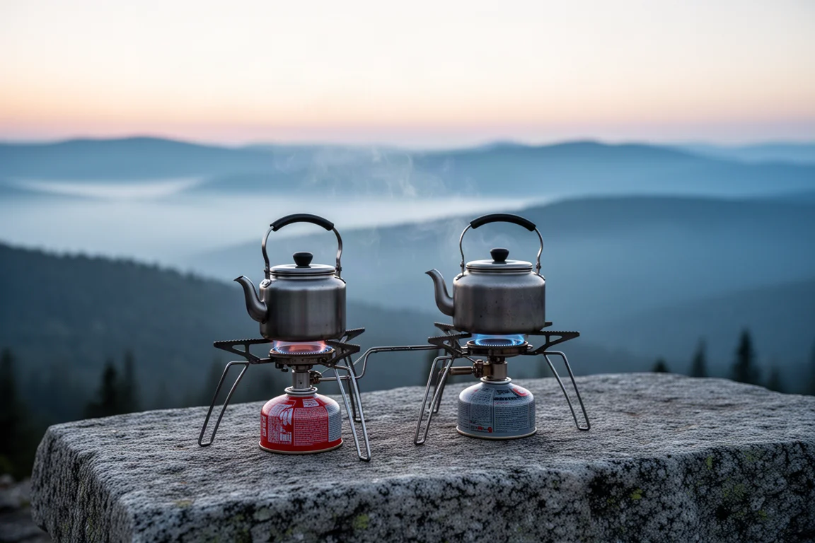 Estufa de campamento de tres quemadores colocada sobre una repisa de granito al amanecer con niebla en el valle detrás