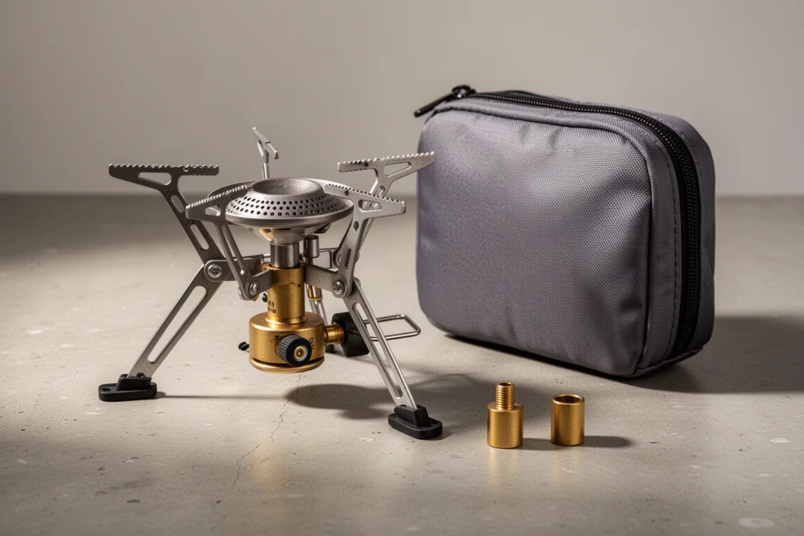 Three-burner brass and aluminum backpacking stove with carry case and two fuel adapters on concrete
