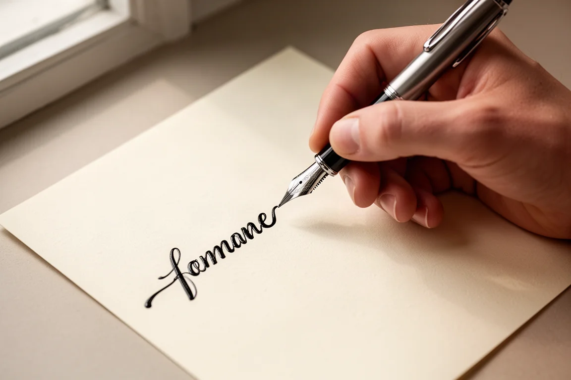 Mano che scrive con una penna stilografica su carta color crema, inchiostro fluido