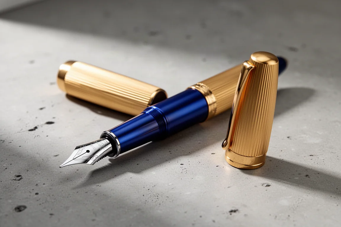 Wahl-Eversharp Skyline 鋼筆，藍色鋁合金筆桿與金色螺紋筆蓋，置於混凝土表面上