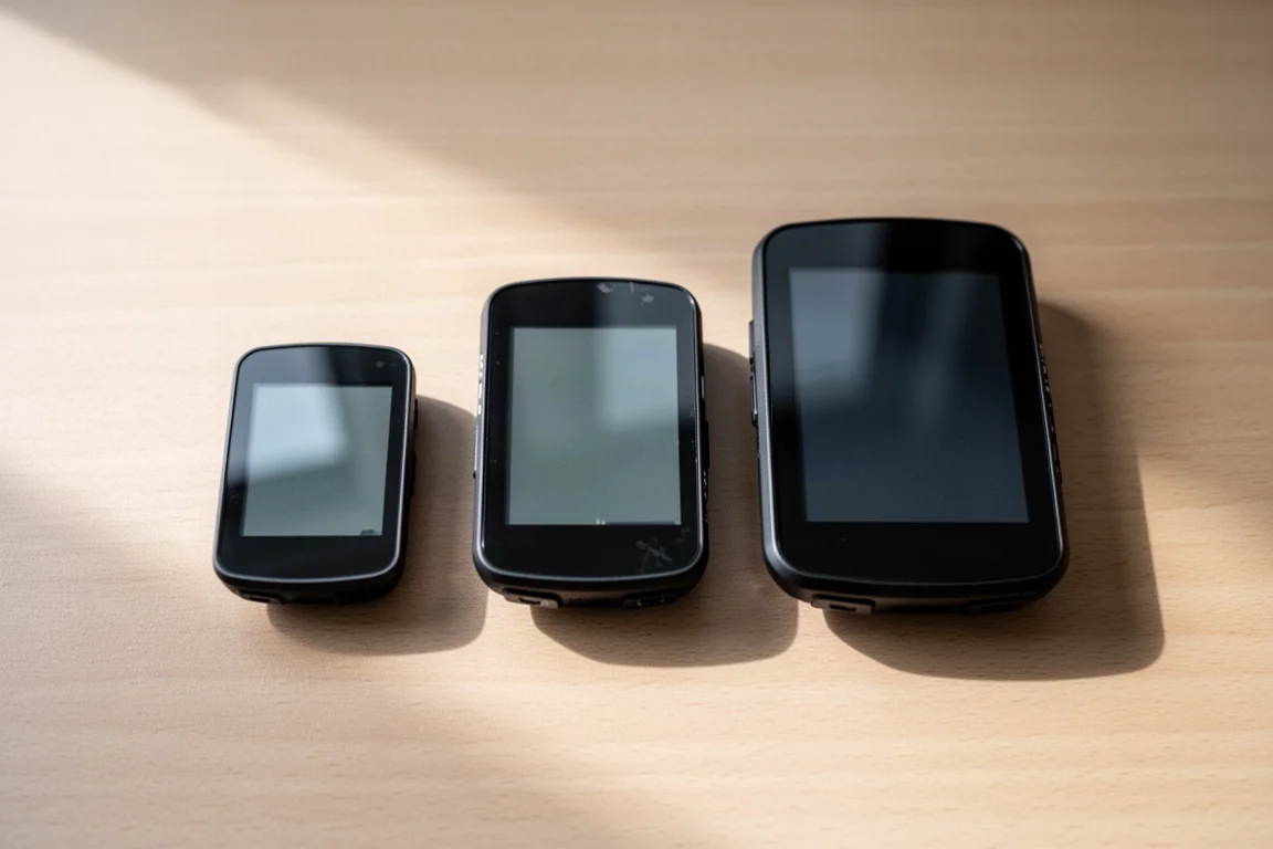 Three bike computers of different sizes lined up on a table showing size differences