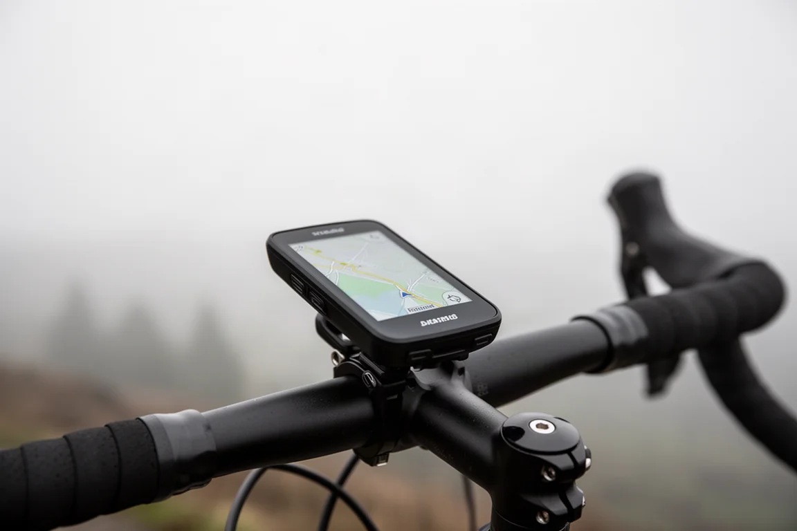 Cyclist checking a handlebar-mounted bike computer display on an overcast day