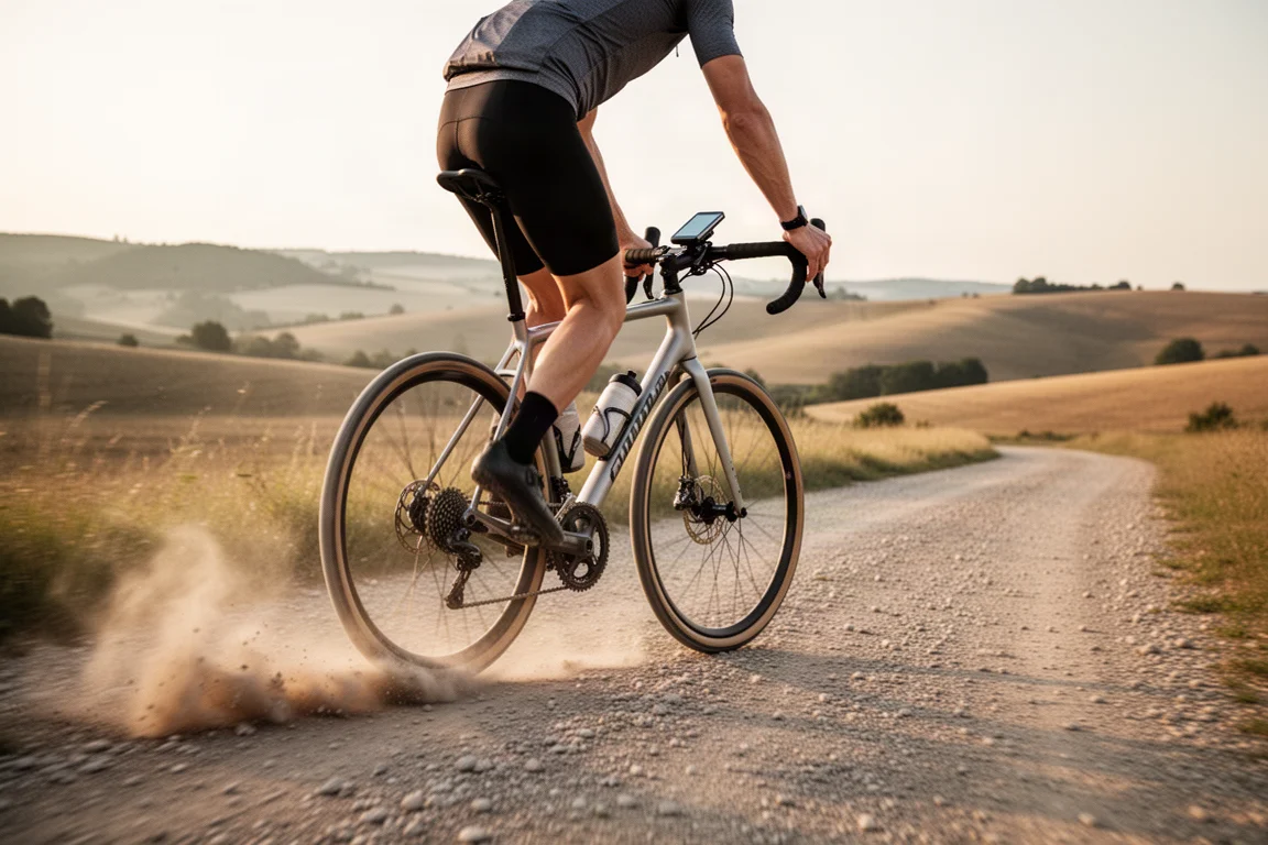 Cyclist riding gravel road with navigation alerts in use on a bike computer