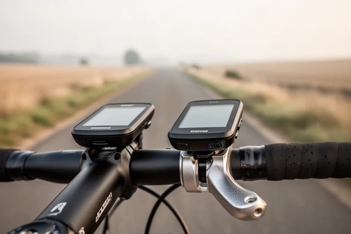 Bike computer mounted on an out-front mount viewed close up against open road scenery