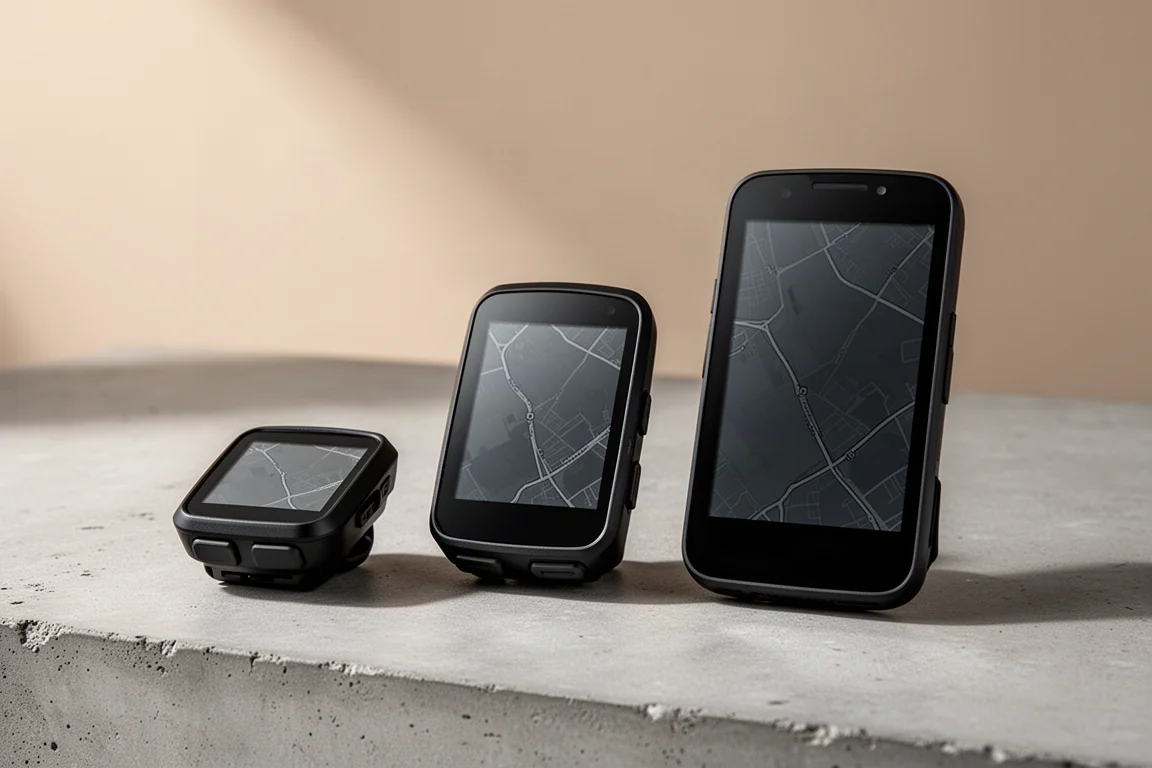Three Wahoo bike computers of increasing size lined up on a concrete surface