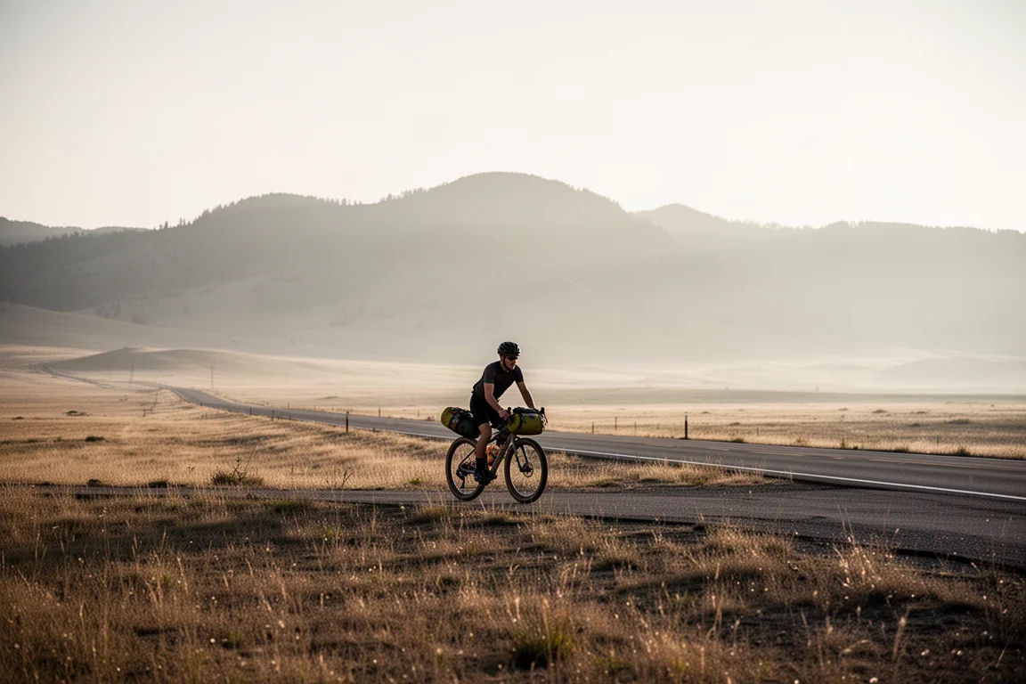 Cyclist on a loaded gravel bike riding an open valley road at sunrise